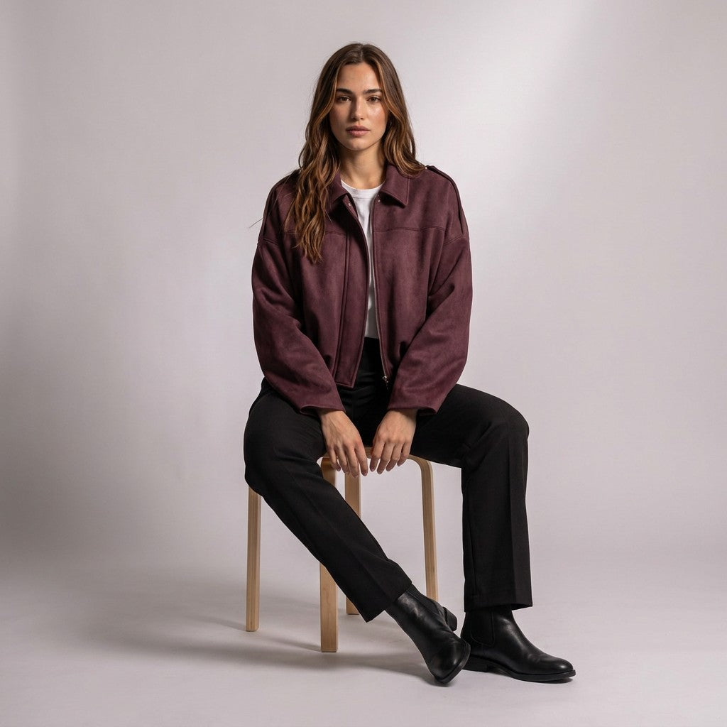 Model seated on a wooden stool wearing the Burgundy Brisa suede bomber