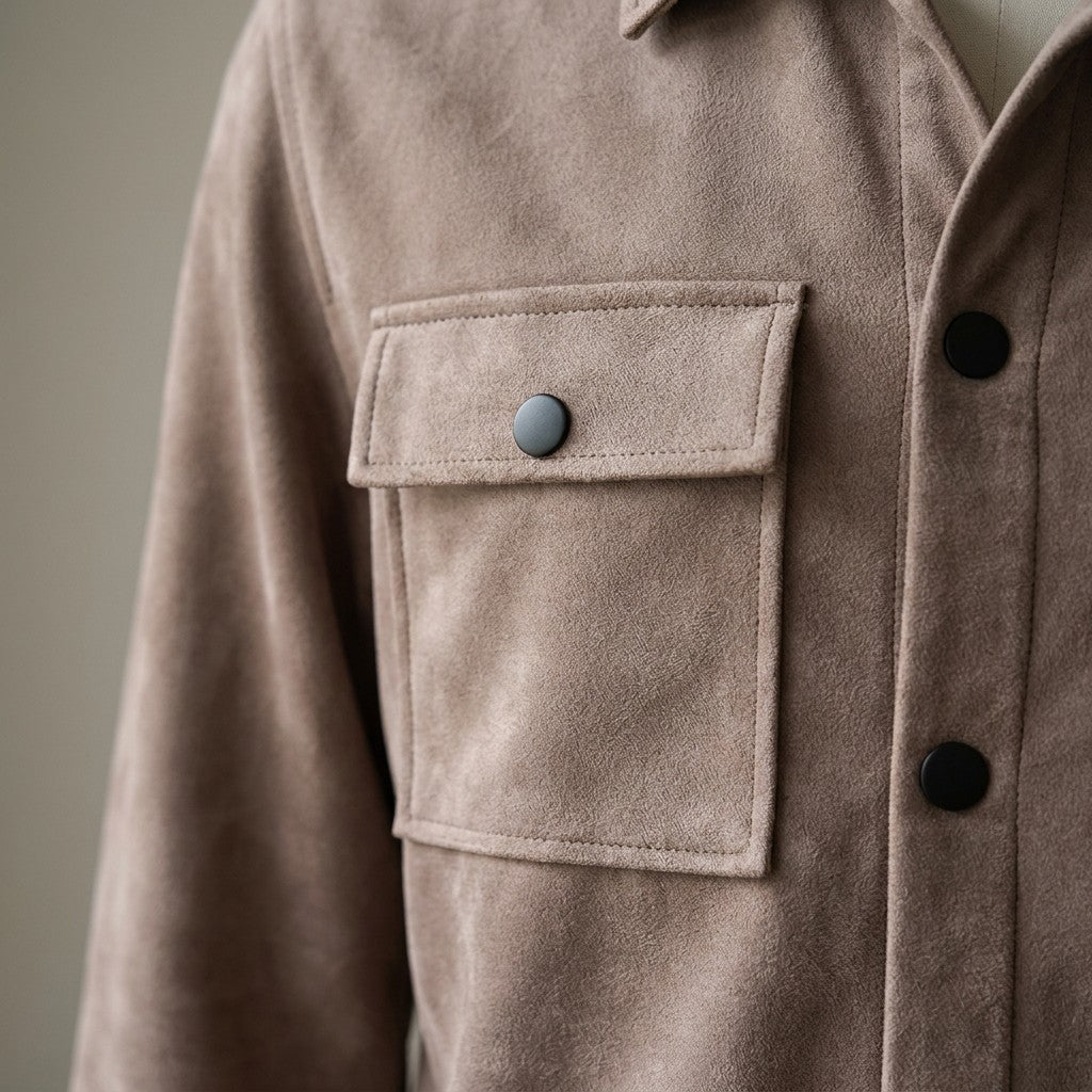 Close-up of the Dorian chest pocket flap, black snap and topstitching in taupe suede