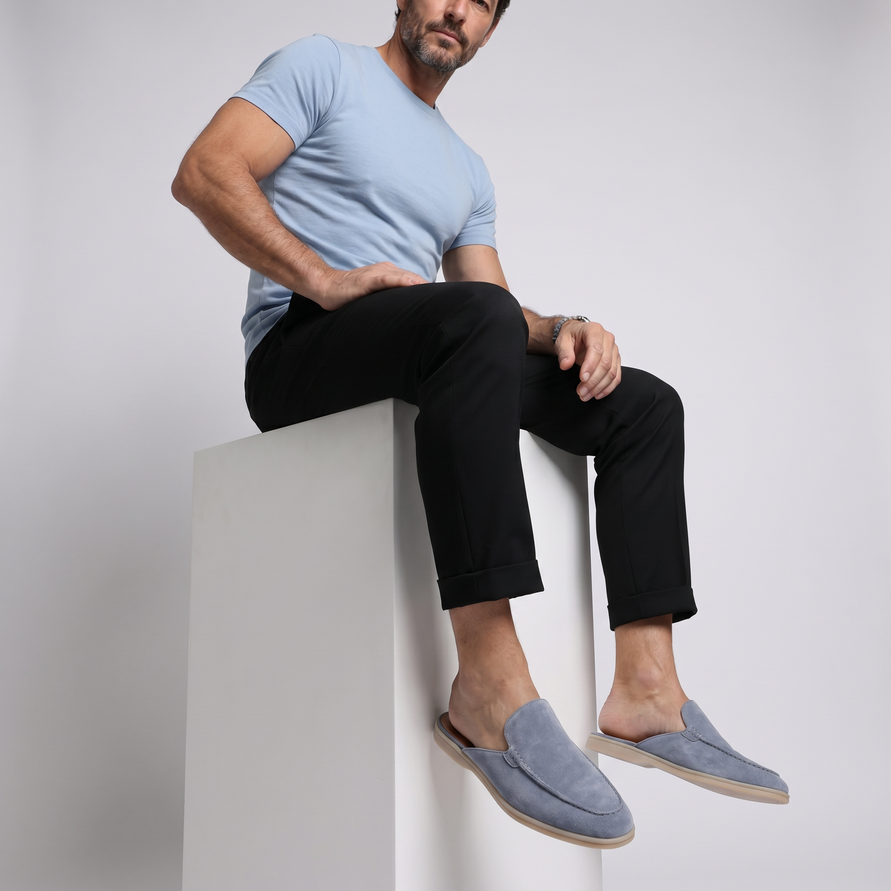 Men's Leather Baby Blue Suede Yacht Mules - Riviera Style