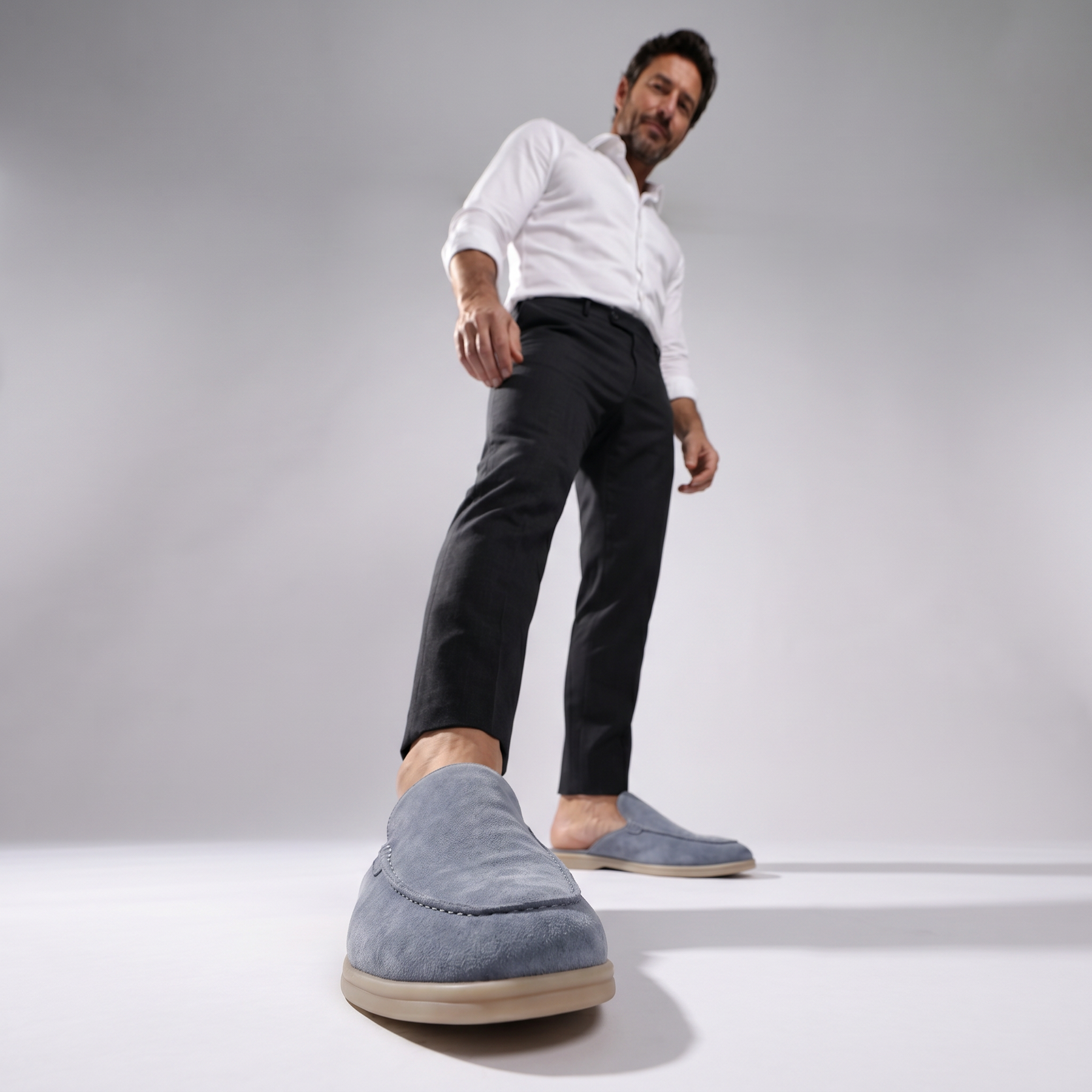 Men's Leather Baby Blue Suede Yacht Mules - Riviera Style