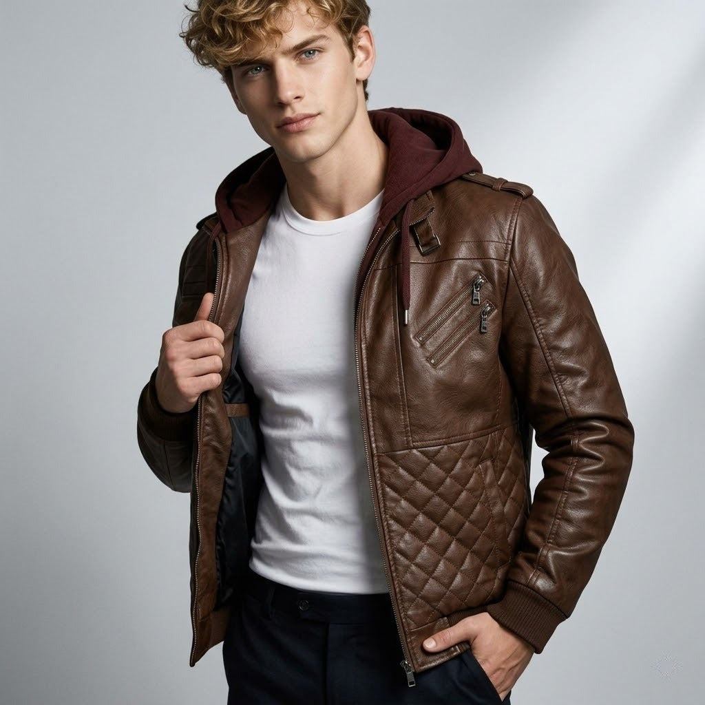 Men's Real Leather Bomber Jacket with Removable Hood – Leather Elegance