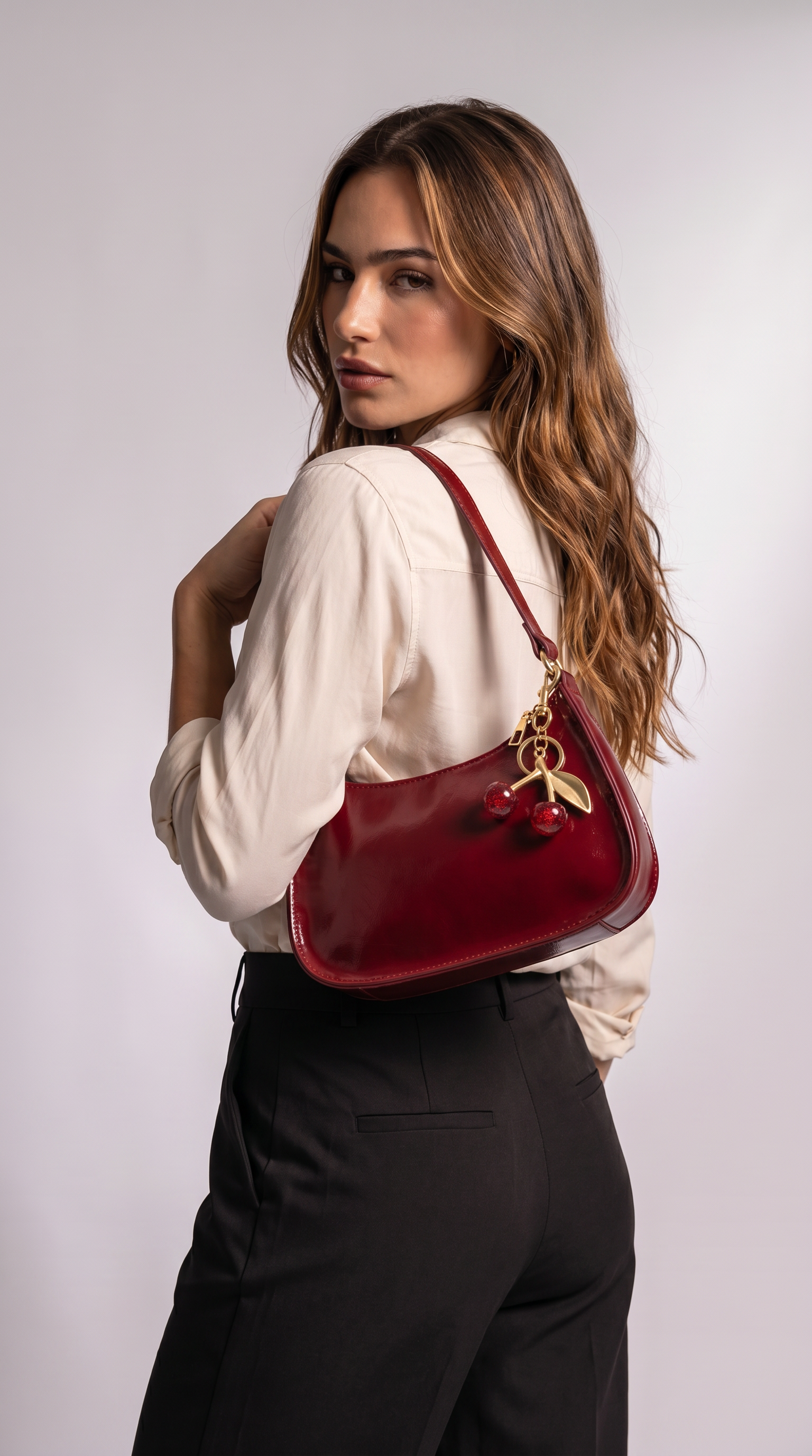 Women's Genuine Leather Hobo Bag - Cherry