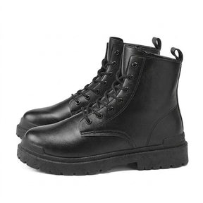 Pair of black Matthis men's leather work boots with lug soles, side view on white