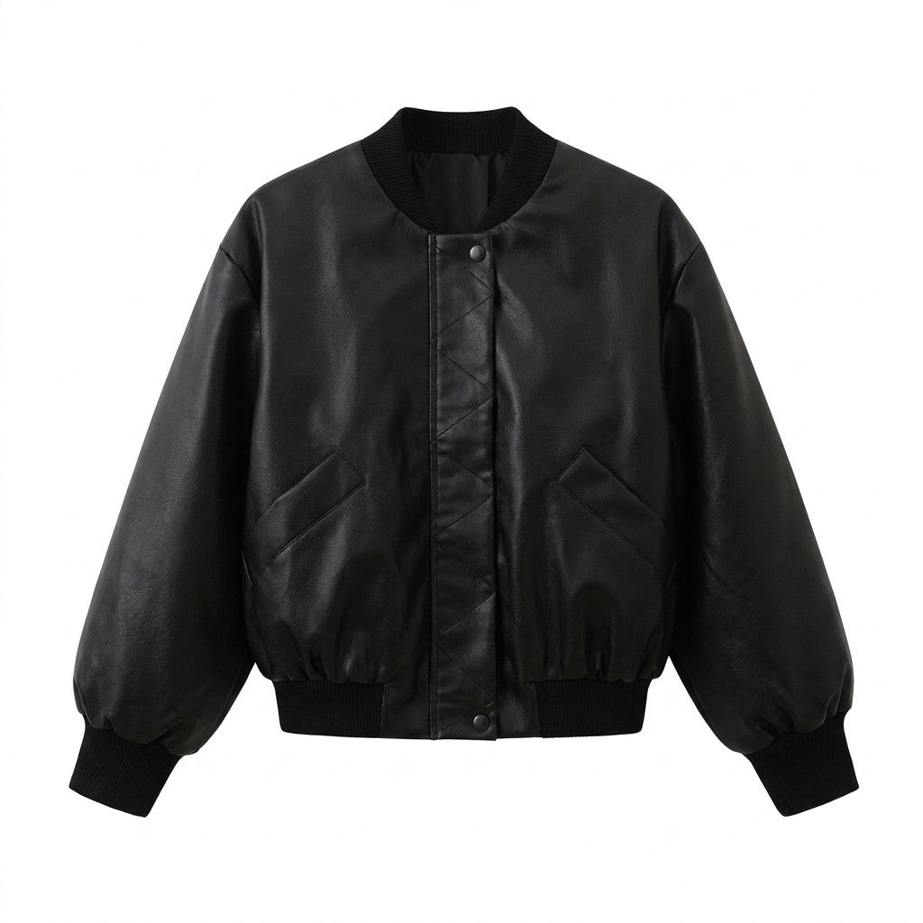 Aurelia black leather cropped bomber jacket on white, front view with rib-knit collar and slanted pockets