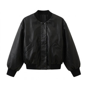 Aurelia black leather cropped bomber jacket on white, front view with rib-knit collar and slanted pockets