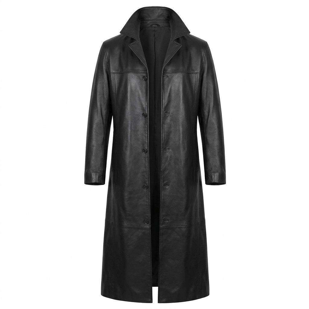 Anselm men's long leather coat in black, full-length front view on white with notched lapels