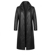 Anselm men's long leather coat in black, full-length front view on white with notched lapels