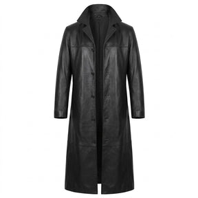 Anselm men's long leather coat in black, full-length front view on white with notched lapels