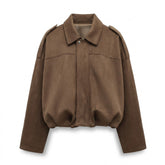 Brisa oversized suede bomber jacket in Brown, front view on white with gathered balloon hem