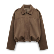 Brisa oversized suede bomber jacket in Brown, front view on white with gathered balloon hem