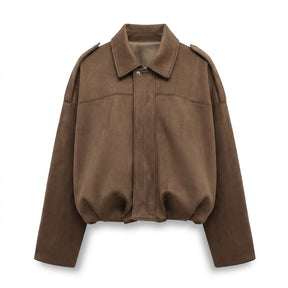 Brisa oversized suede bomber jacket in Brown, front view on white with gathered balloon hem