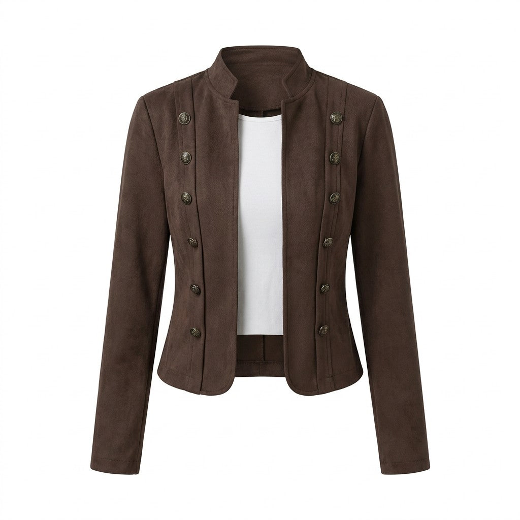 Front view of the Elodie military jacket in brown suede with antique gold buttons