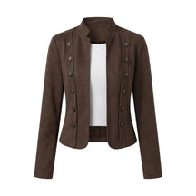 Front view of the Elodie military jacket in brown suede with antique gold buttons