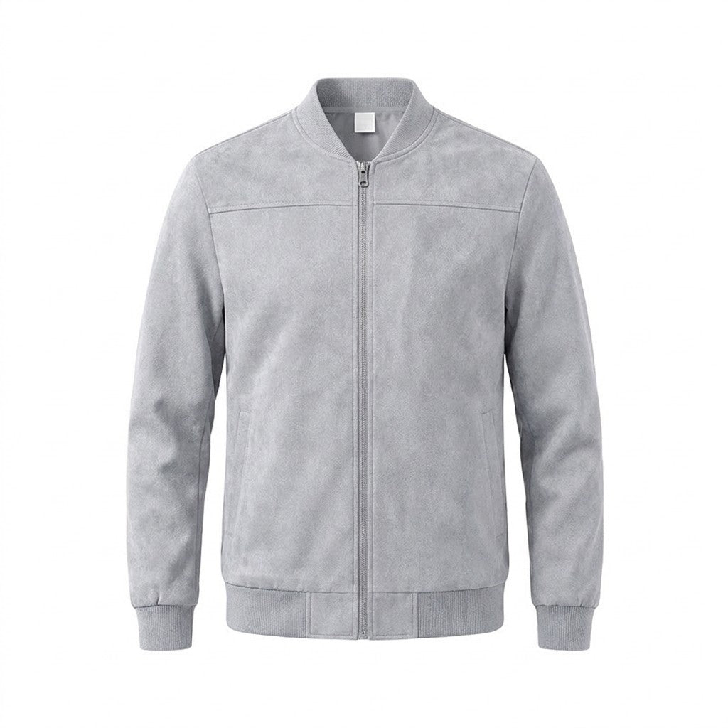 Corvin men's suede bomber jacket in light grey, front view on white with ribbed collar and full zip