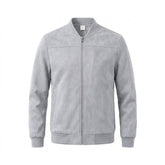 Corvin men's suede bomber jacket in light grey, front view on white with ribbed collar and full zip