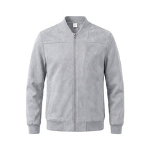 Corvin men's suede bomber jacket in light grey, front view on white with ribbed collar and full zip