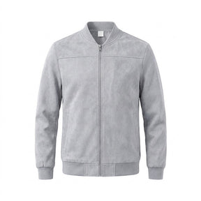 Corvin men's suede bomber jacket in light grey, front view on white with ribbed collar and full zip