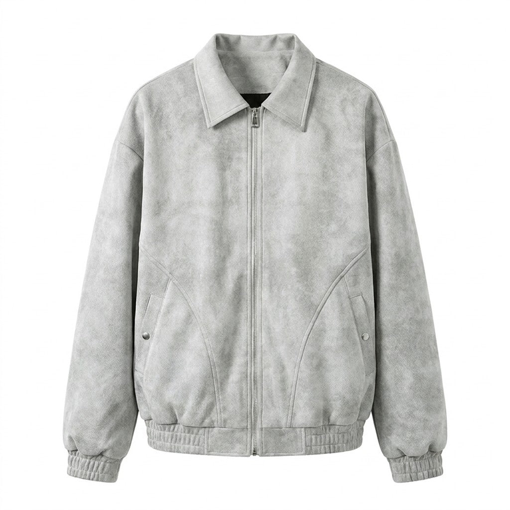 Emeric men's suede blouson jacket in grey, front view on white with point collar and curved pocket seams