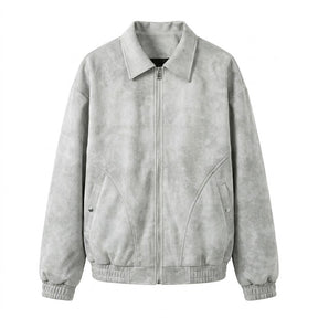 Emeric men's suede blouson jacket in grey, front view on white with point collar and curved pocket seams