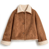 Greta tan suede shearling jacket on white, front view with cream shearling collar and turned-back cuffs