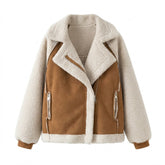 Fenna shearling aviator jacket in Tan on white, caramel suede panels with cream shearling sleeves and lapels