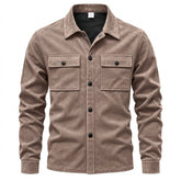 Dorian men's suede shirt jacket in taupe, front view on white with two flap chest pockets
