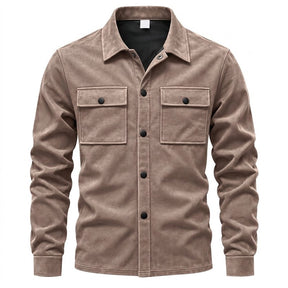 Dorian men's suede shirt jacket in taupe, front view on white with two flap chest pockets