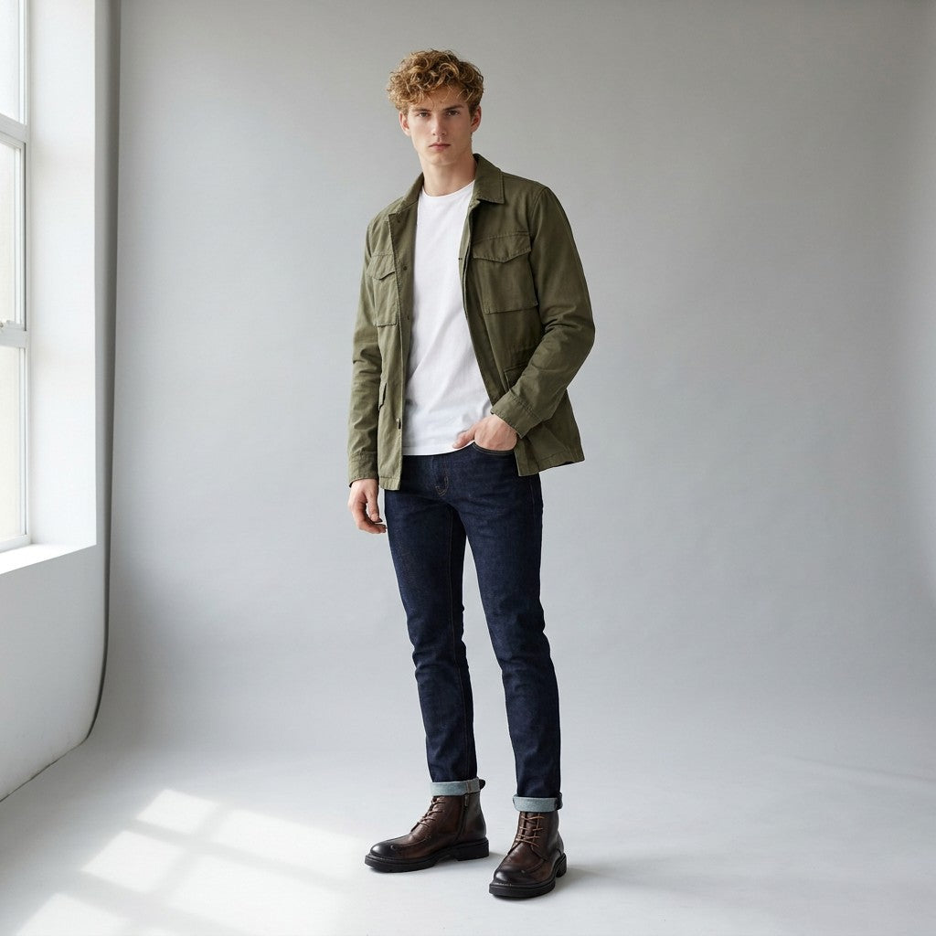 Model wearing brown Nils lace-up boots with turned-up indigo jeans and an olive field jacket