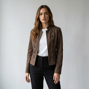 Model wearing the brown Elodie suede military jacket over a white t-shirt