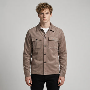Model wearing the taupe Dorian suede overshirt snapped up over a white T-shirt