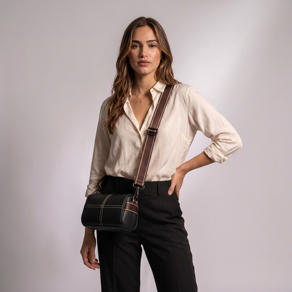 Model wearing the black Bellamy crossbody bag at her hip with an ivory silk blouse and black trousers