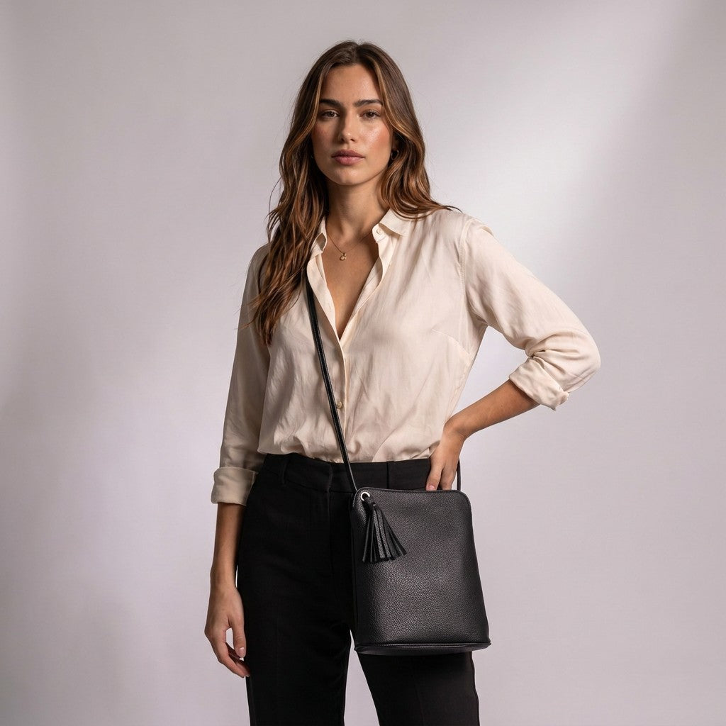 Model wearing the black Solveig crossbody bag at the hip with an ivory blouse