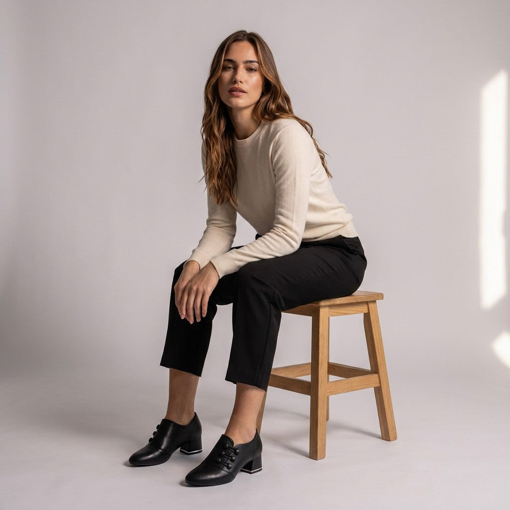 Model seated on a wooden stool wearing black Clemence shoe boots