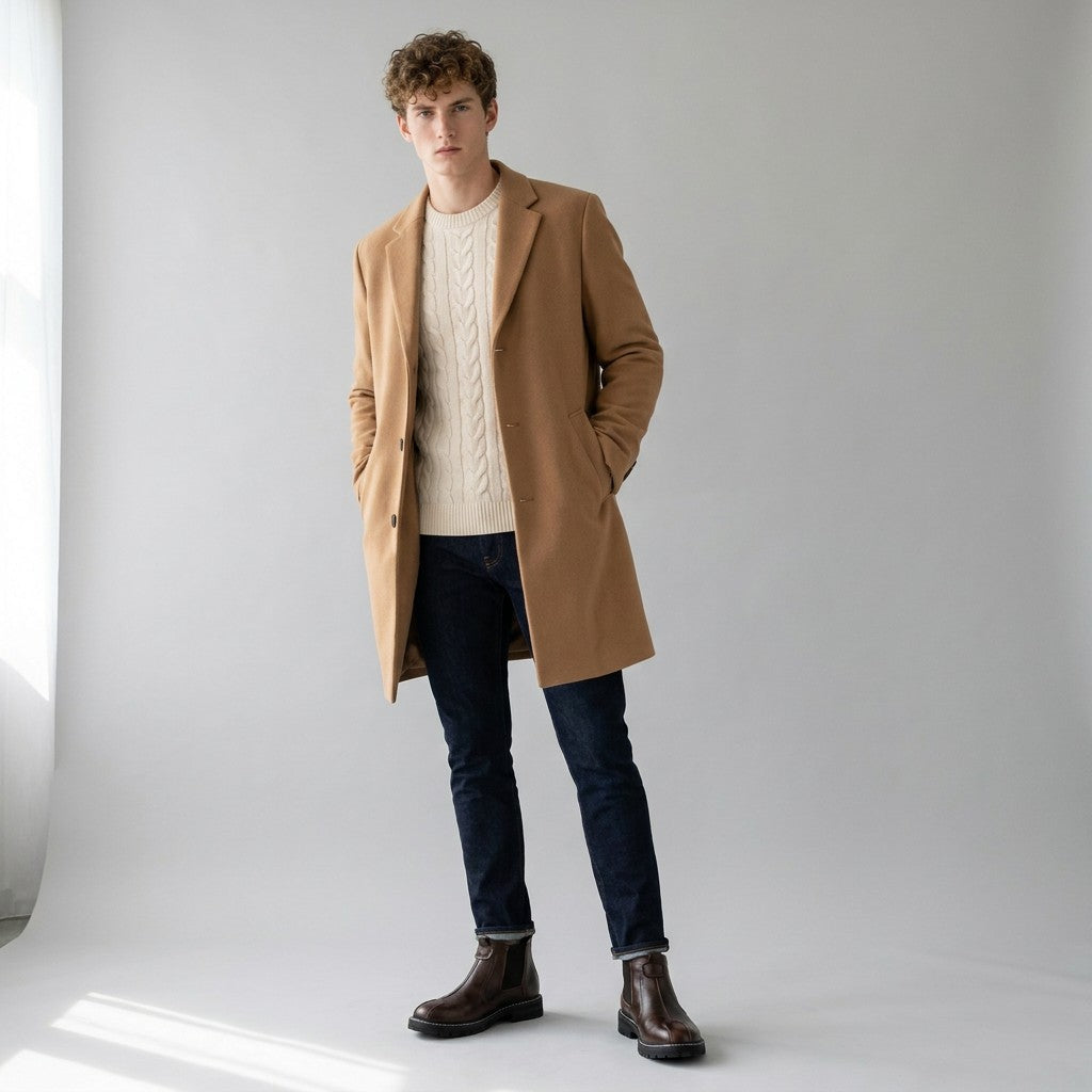 Model in a camel overcoat and cable-knit jumper wearing brown Henrik Chelsea boots