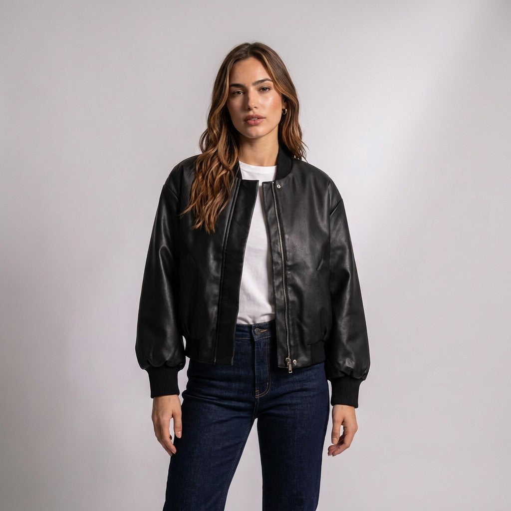 Model wearing the Aurelia black leather bomber open over a white T-shirt with dark jeans