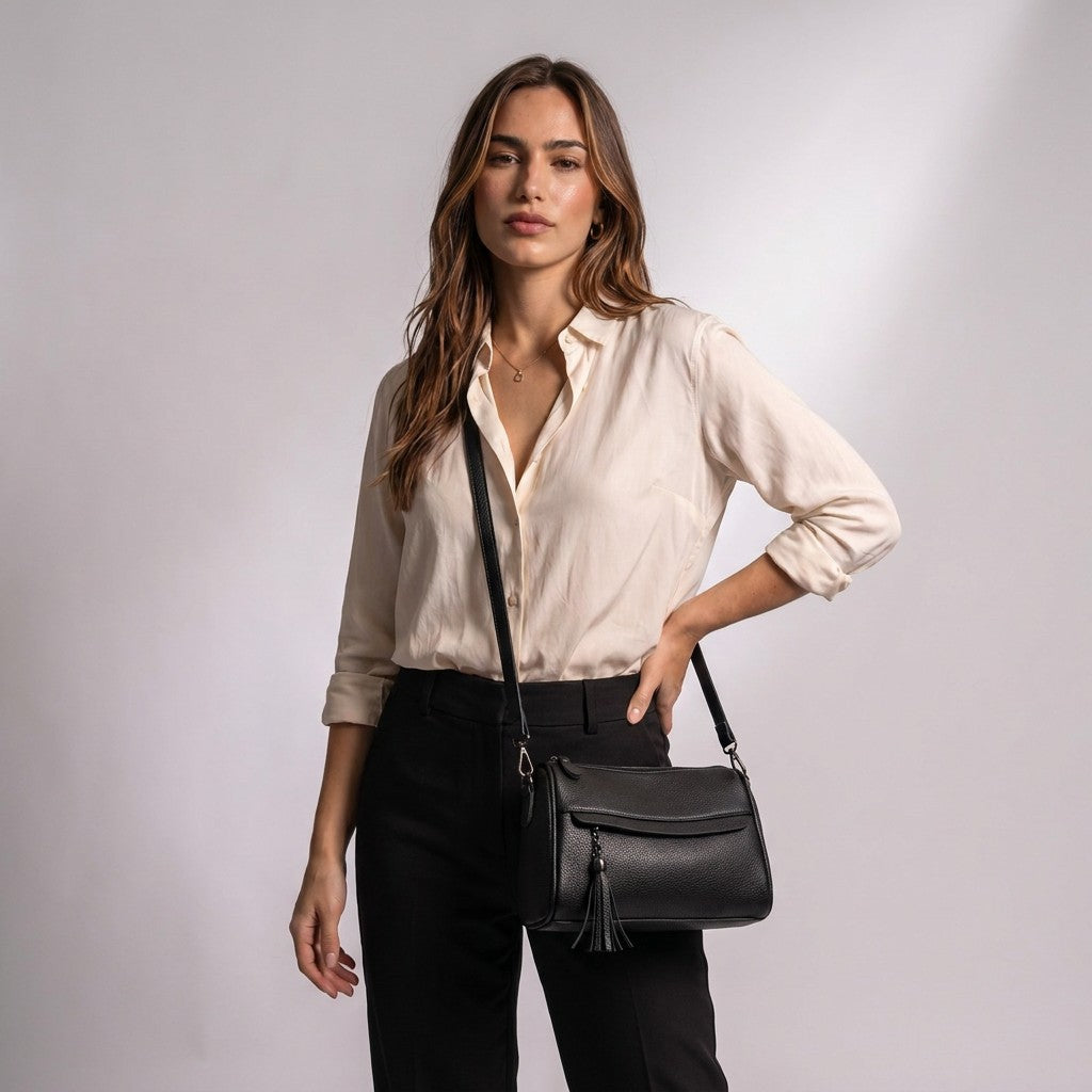 Model wearing the black Odalys barrel bag crossbody with an ivory silk blouse and black tailored trousers