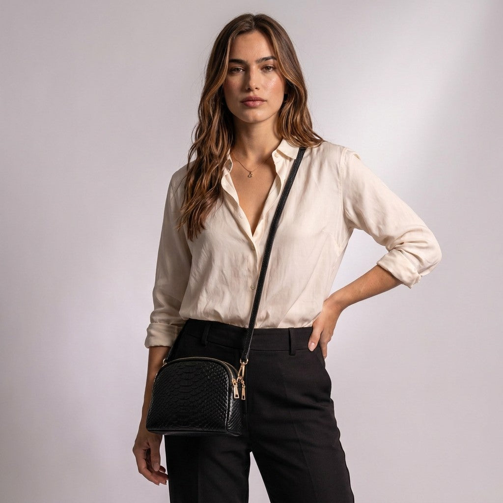 Model wearing the black Isaure half-moon bag crossbody with an ivory silk blouse and black trousers