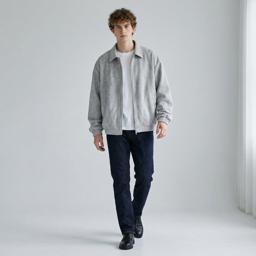 Model walking in the grey Emeric suede jacket worn open over a white T-shirt with dark jeans
