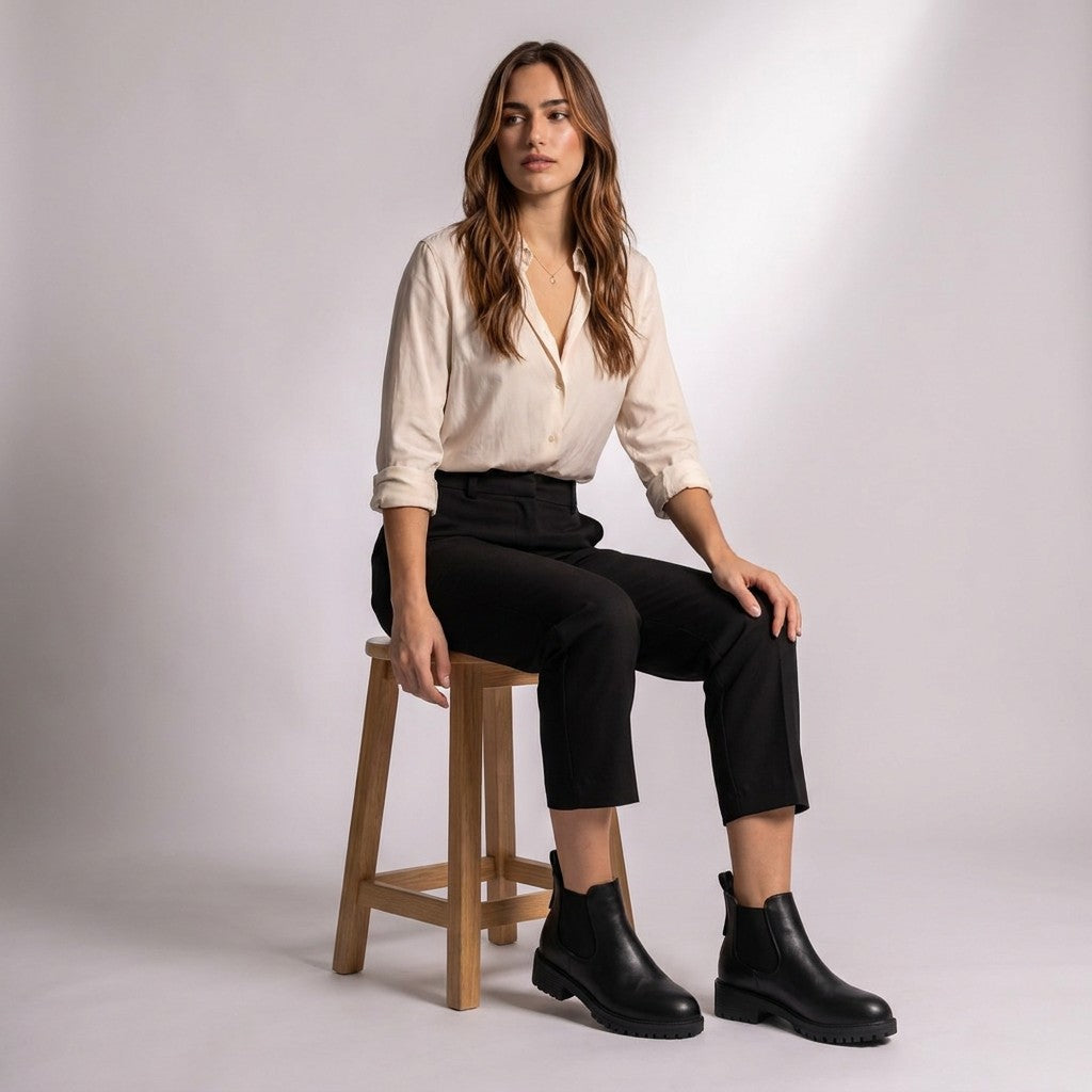 Model seated on a wooden stool wearing black Ines leather Chelsea boots