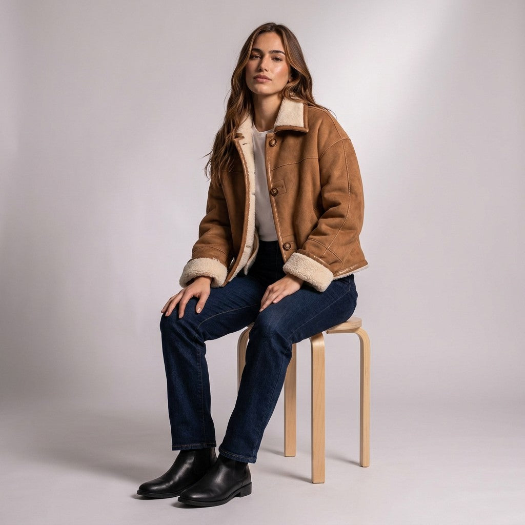 Model seated on a wooden stool in the open Greta jacket showing the cream shearling lining
