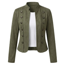 Front view of the Elodie military jacket in army green suede