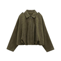 Brisa suede bomber jacket in Army Green on white, showing epaulettes and chest yoke