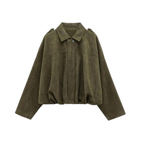Brisa suede bomber jacket in Army Green on white, showing epaulettes and chest yoke