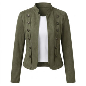 Front view of the Elodie military jacket in army green suede