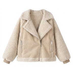 Fenna shearling aviator jacket in Beige on white with asymmetric zip and vertical zip pockets