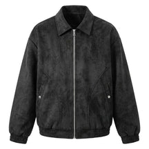 Emeric suede blouson jacket in black, front view showing the silver zip and snap pockets