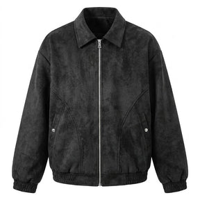 Emeric suede blouson jacket in black, front view showing the silver zip and snap pockets