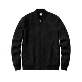 Corvin suede bomber jacket in black, front view showing the chest yoke seam and welt pockets