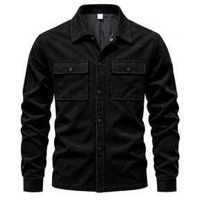 Dorian suede shirt jacket in black, front view showing the snap placket and point collar