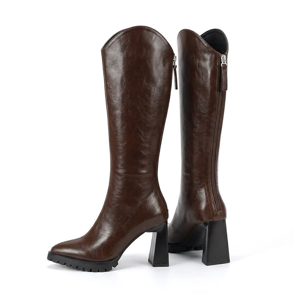 Pair of chocolate brown Mirela leather knee high boots with black heels and back zip